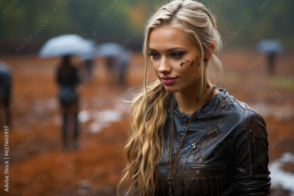 Young Woman Having Fun In The Mud While Raining - Generative AI