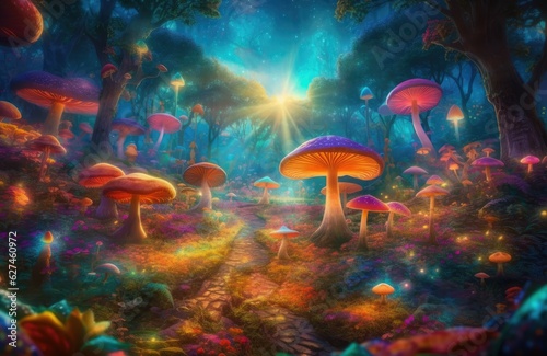 Magical field of colorful, luminous mushrooms with dancing fairies., generative IA