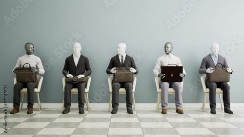 group of Futuristic android robots sitting on a chair and waiting for a job interview, AI and innovation concept