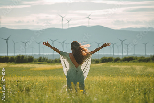 A joyful woman raises her arms against the backdrop of a wind farm, embodying the spirit of ecological innovation and green energy. Generative Ai.