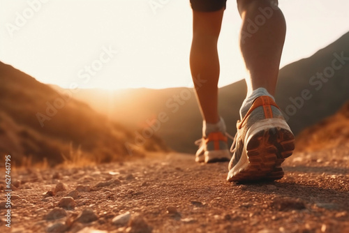 A close-up of an athlete's feet, poised to sprint towards a breathtaking mountain vista bathed in orange sunlight. This image encapsulates the spirit of outdoor sports and the thrill of human challeng