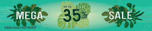35% off. Horizontal green banner. Summer tropical leaves theme. Advertising for Mega Sale. Up to thirty-five percent discount for promotions and offers.