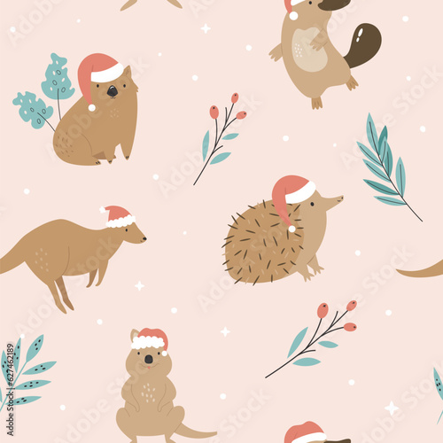 Christmas seamless pattern with Australian animals in Santa hats
