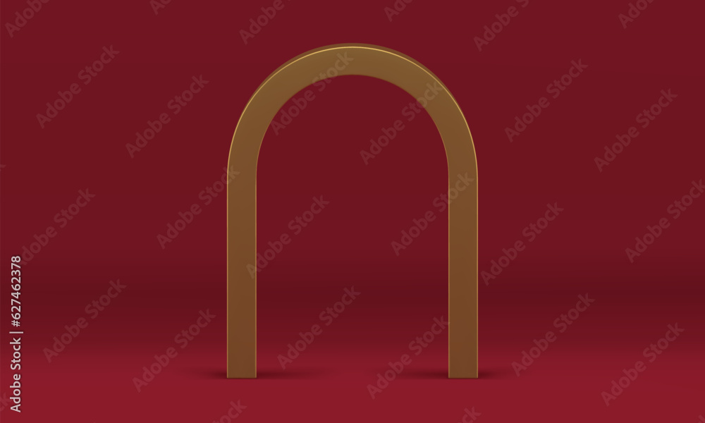 3d golden arch elegant luxury geometric decor element at red studio background vector illustration