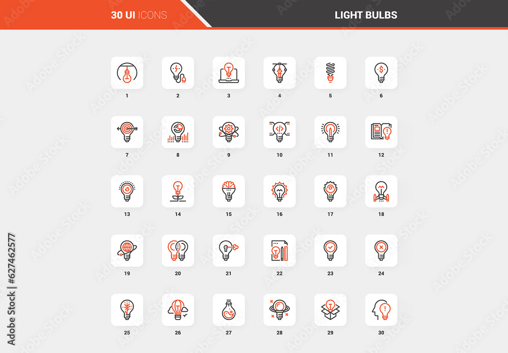 Vector set of light bulbs flat line web icons. Each icon with ...