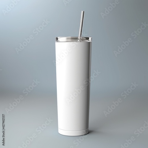 Refreshing white skinny tumbler with straw, mockup, Generative AI