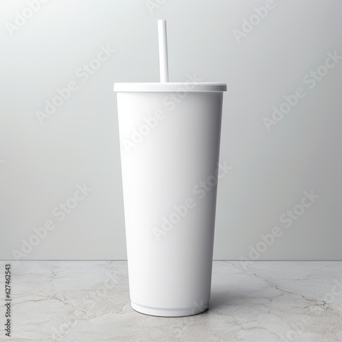 Refreshing white skinny tumbler with straw, mockup, Generative AI