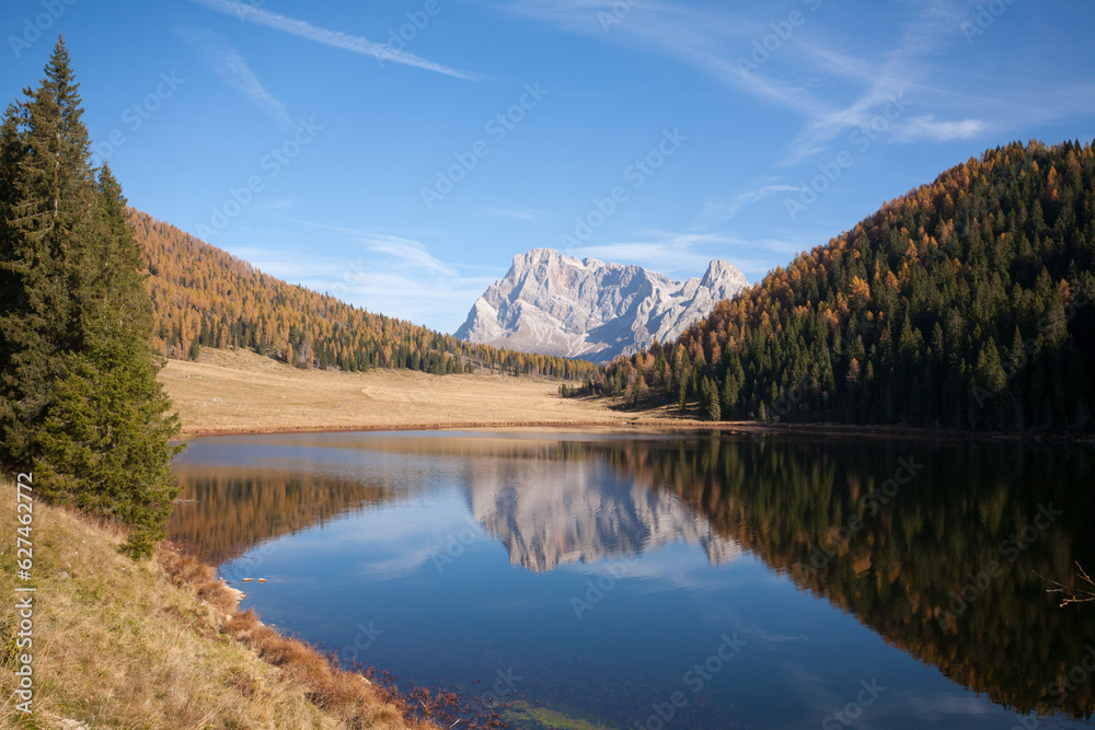 Alpine lake with dolomites in background, Calaita lake