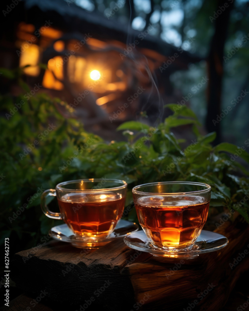 Photorealistic image of cups with hot tea on the table in the courtyard of the house in the evening forest