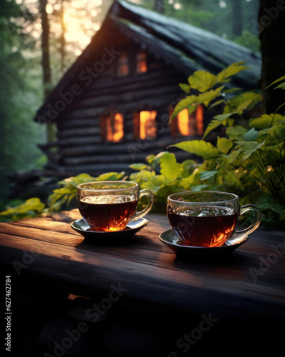 Photorealistic image of cups of hot tea on a table in the yard of a house in the forest