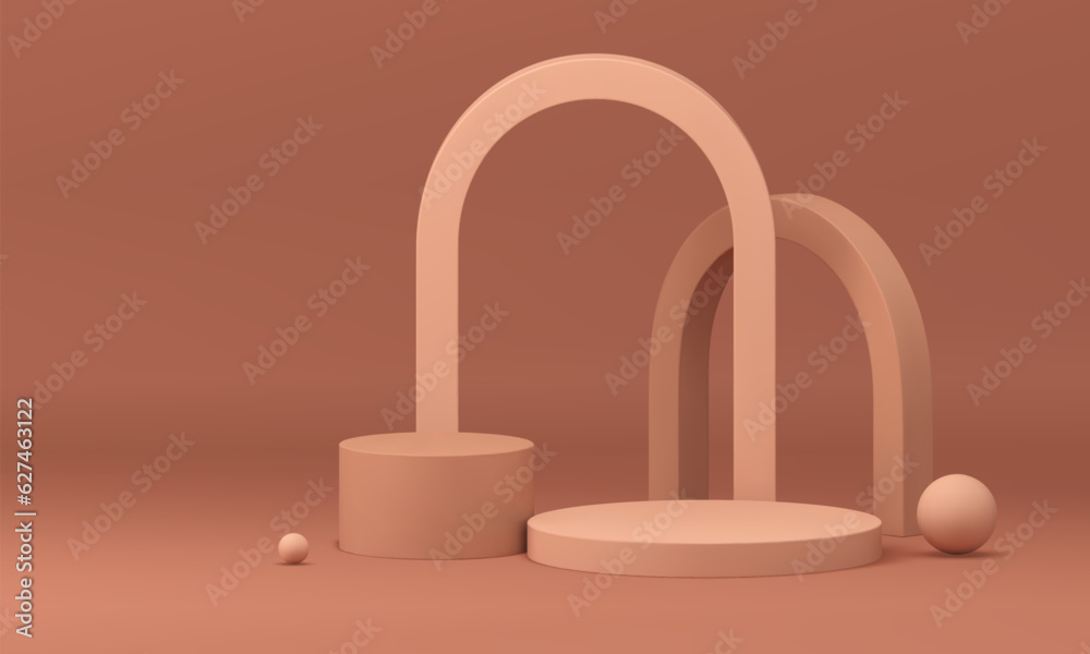 Beige 3d podium promo studio interior with abstract arch and pedestal realistic vector Beige 3d podium promo studio interior with abstract arch and pedestal realistic vector