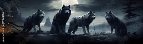 Vier Wölfe auf Bergen vor dem Mond, Banner