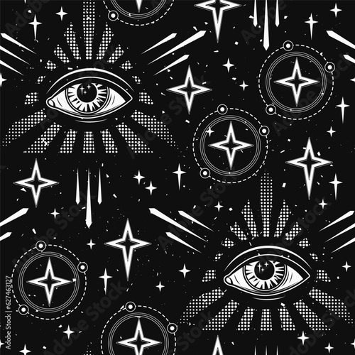 Pattern with all seeing eye, eye of providence in pyramid Concept of harmony of universe, wisdom, knowledge, extended mind. Psychedelic surreal illustration. Good for groovy, hippie, mystical style.