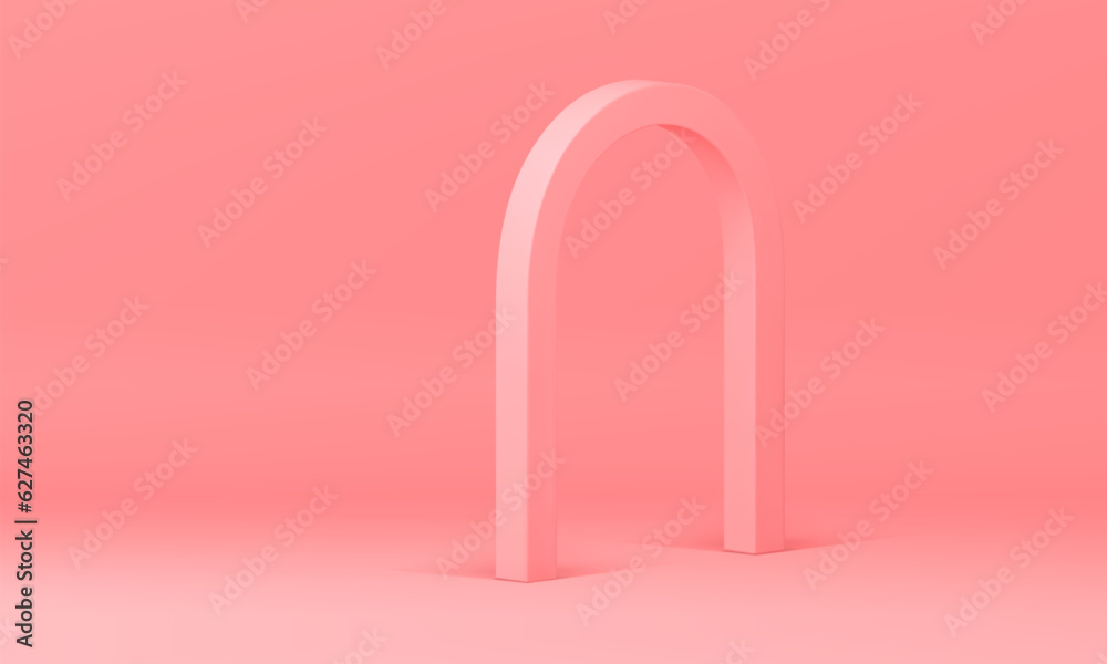 Pink 3d showcase empty display interior with isometric curved arch studio background vector