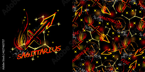 Label, pattern with icon of zodiac sign Sagittarius with constellation, text, paint splatter, smudge, brush strokes. Horoscope esoteric element of the element of fire. For decoration in street style