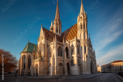 Imposing Gothic basilica, colorful stained glass windows and majestic pillars., generative IA