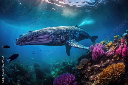 Majestic whale emerges amid colorful corals., generative IA