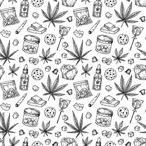 Cannabis products seamless pattern. Marijuana hand drawn vintage background. Vector illustration in sketch style. Weed engraving design