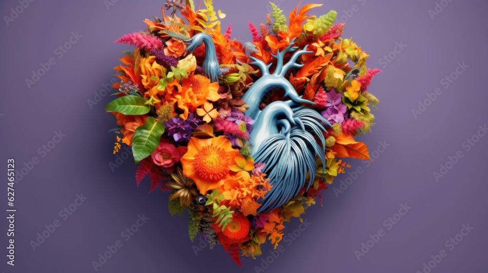 Abstract heart made from various colorful flowers blossoms. Soft color background with a Copy space  . Abstract art. Made With Generative AI.
