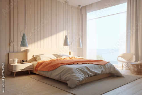 Interior of luxury suit, modern bedroom of a hotel or apartment, stylish design with beautiful sea view. AI Generative