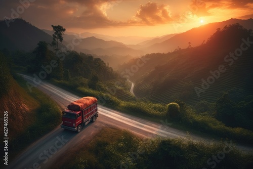 Red truck crossing mountains at sunset., generative IA © Gabriel