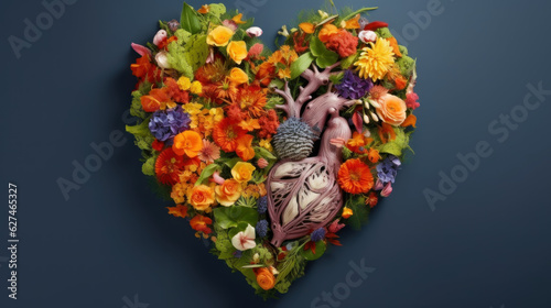 Abstract heart made from various colorful flowers blossoms. Soft color background with a Copy space  . Abstract art. Made With Generative AI. © John Martin