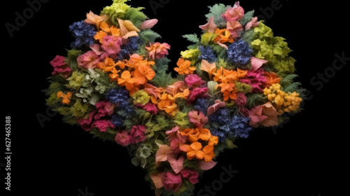 Abstract heart made from various colorful flowers blossoms. Dark color background with a Copy space  . Abstract art. Made With Generative AI.