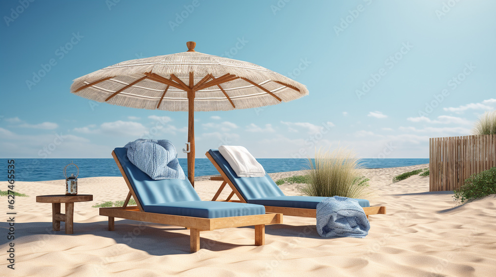 Beach View with Two Beach Chairs and Umbrella