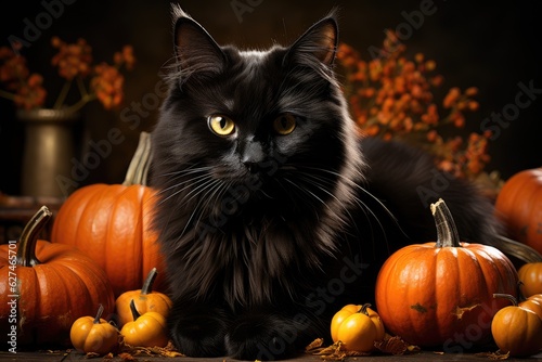 Black fluffy cat in the autumn garden with orange pumpkins. Halloween, Mid-Autumn Festival. Generative AI