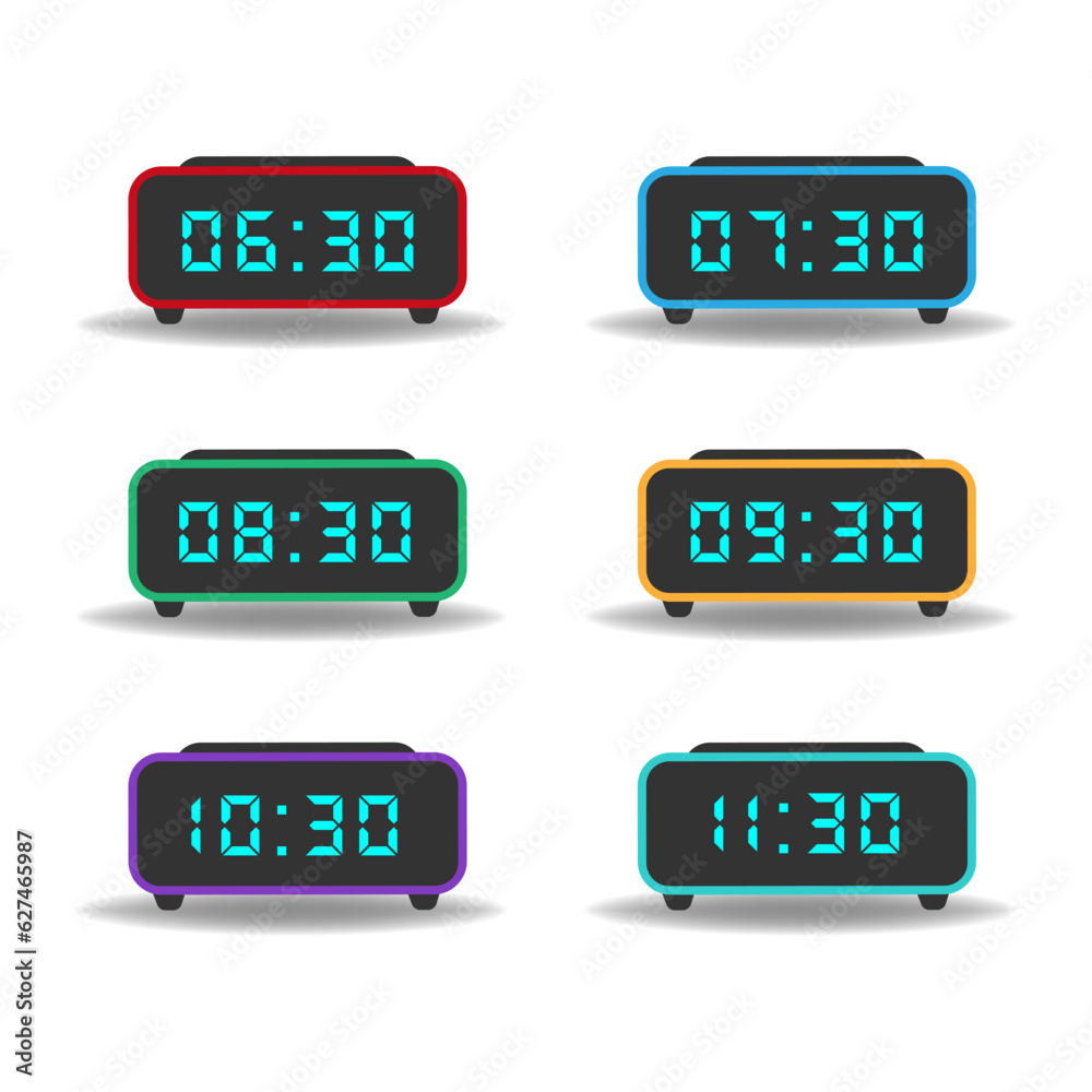 set of digital clocks with different time. vector illustration