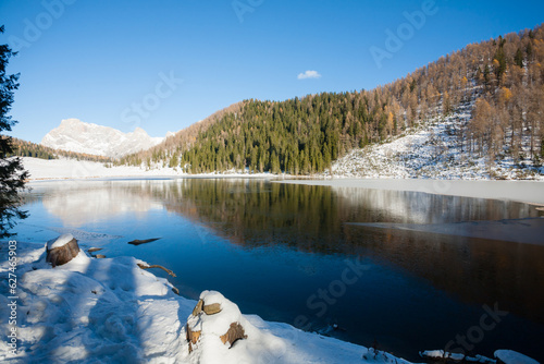 Alpine lake with dolomites in background, Calaita lake