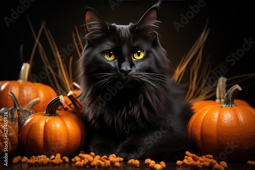 Black fluffy cat in the autumn garden with orange pumpkins. Halloween, Mid-Autumn Festival. Generative AI © Alesia