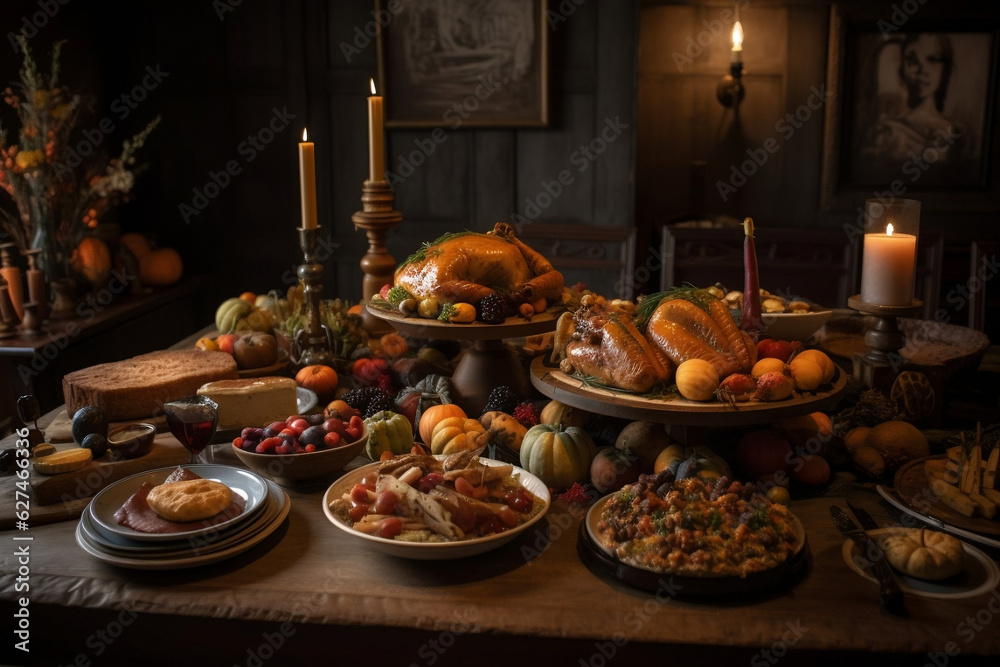 A large table with Thanksgiving theme decorations and food, AI generated, Generative AI, AI Art, illustration,