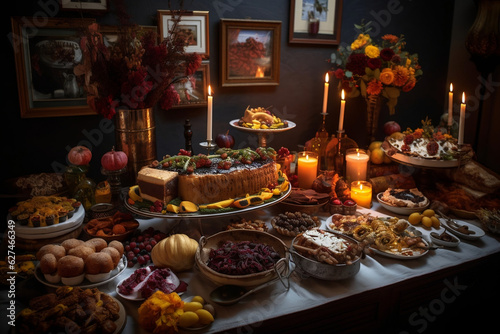 A large table with Thanksgiving theme decorations and food, AI generated, Generative AI, AI Art, illustration,