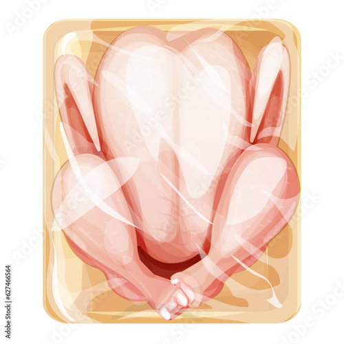 Whole broiler chicken meat in plastic tray with polyethylene kitchen film in cartoon style isolated on white background. Frozen food, top view. 