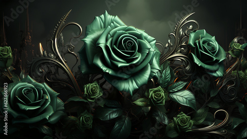 Green rose postcard, unusual futuristic vintage concept, wedding invitation