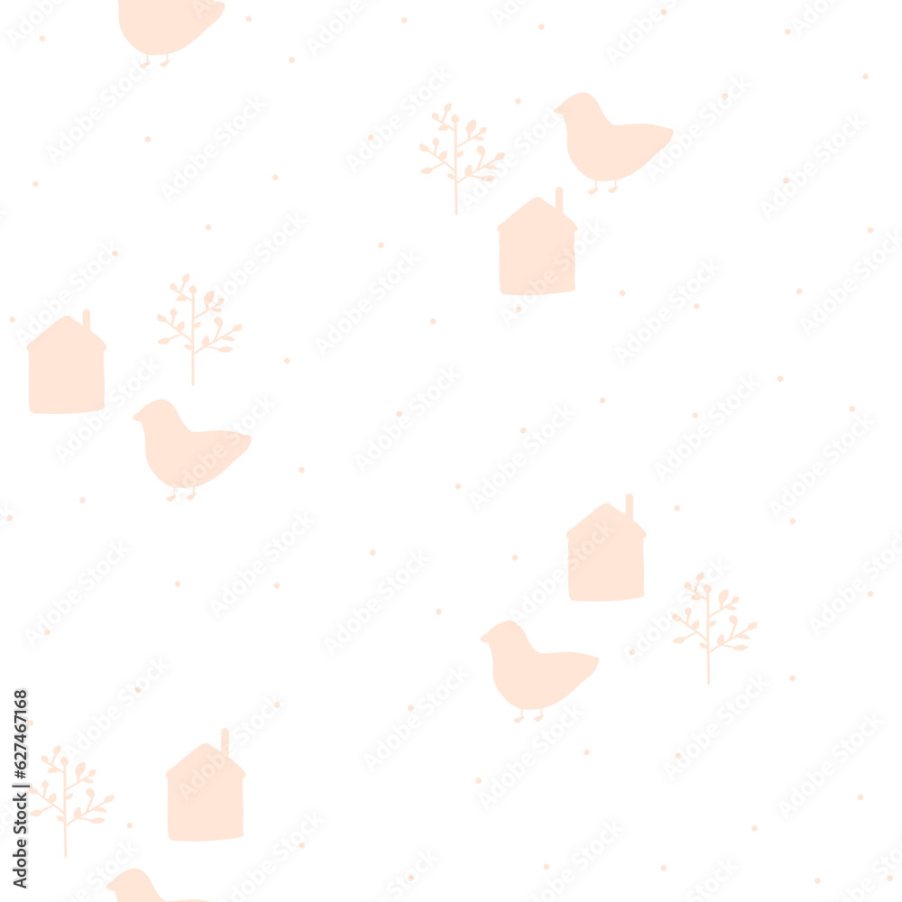 Bird,house and tree seamless pattern,hand drawn garden print on white background.Tender Botanical illustration for home decor, interior design, wallpaper, kids fashion, cover design,packaging paper