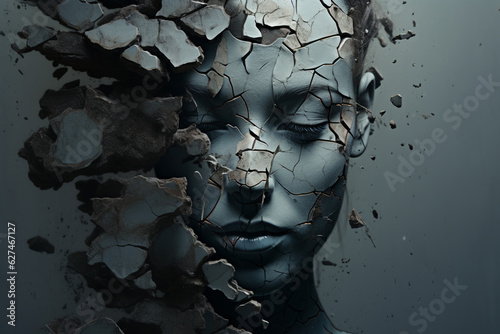Depression and Anxiety Concept: Broken Face with Cracks Conveying Dark and Sad Mood