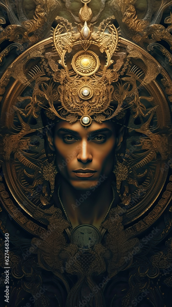 A digital painting of a man wearing a golden headdress, symmetrical.