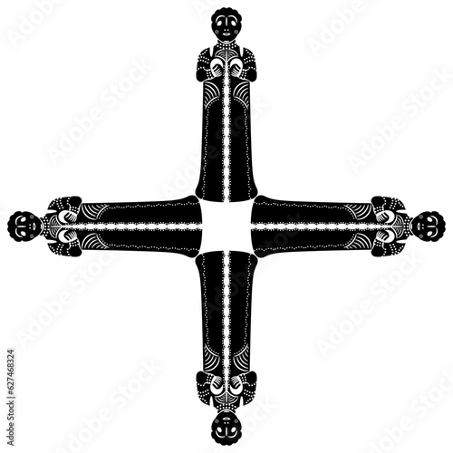 Square cross shape design with four figurines of Mycenaean mother goddess. Feminist symbol. Archaic ancient Greek women. Black and white silhouette.