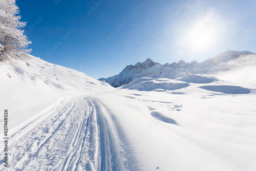 Snowy alpine landscape. Italian alps winter panorama