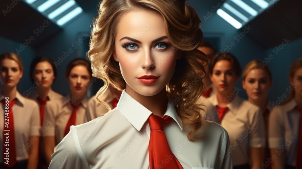 Obraz premium woman flight attendant in front of the fuselage of an airplane, young smiling woman