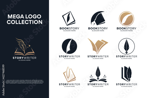 Classic writer logo design. Quill pen with book logo collection.