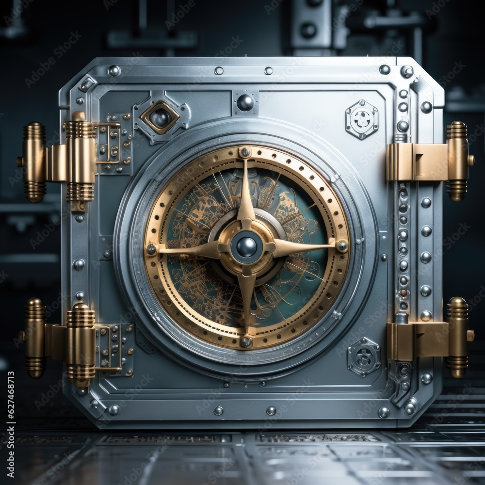 A metal safe door with a lock on it. Concept for cyber security to protect cryptocurrency. A metal safe door with a lock on it. Concept for cyber security to protect cryptocurrency.