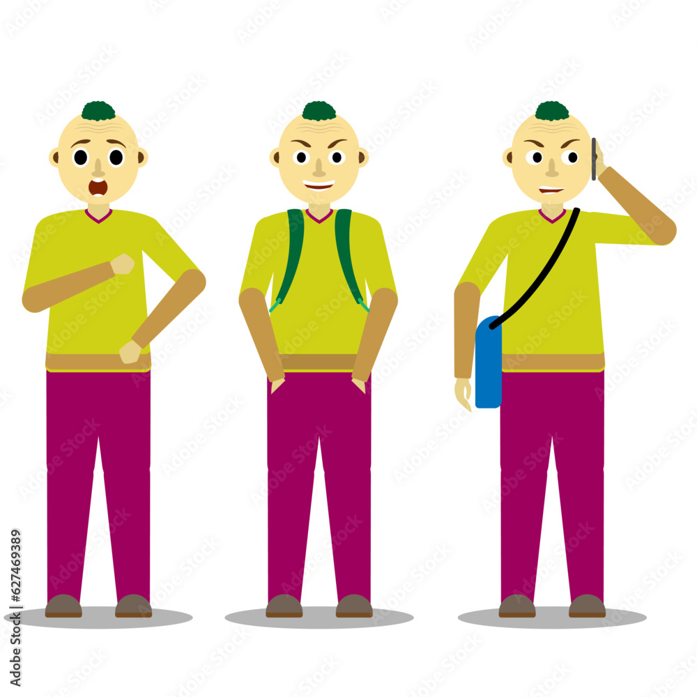 Set of handsome Asian man characters in casual wear in different poses. Vector illustration in cartoon style