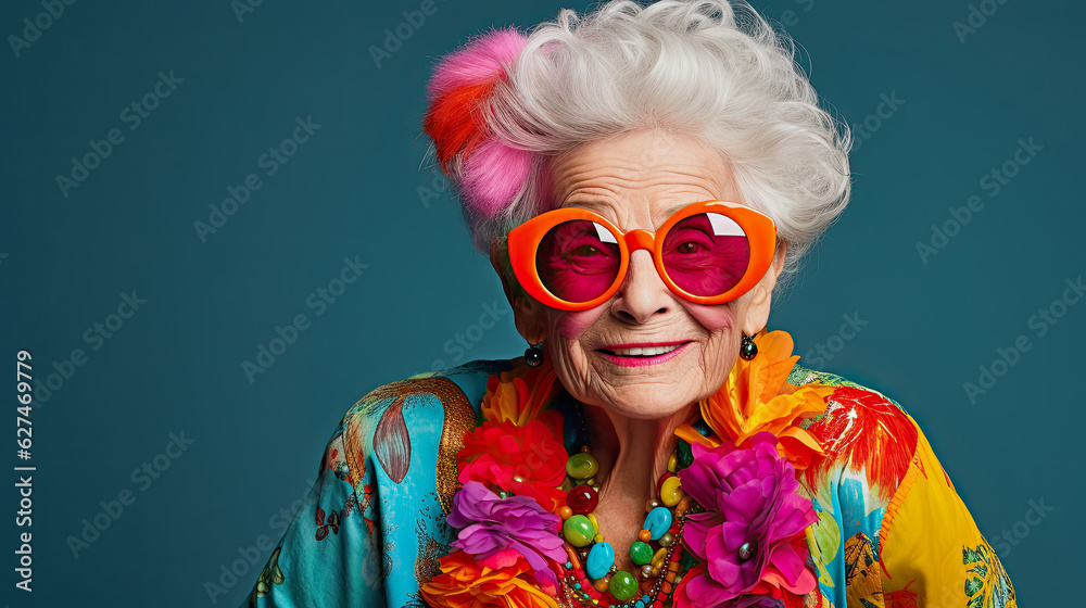 older smiling lady in colorful outfit wearing red glasses older smiling lady in colorful outfit wearing red glasses