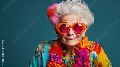 older smiling lady in colorful outfit wearing red glasses