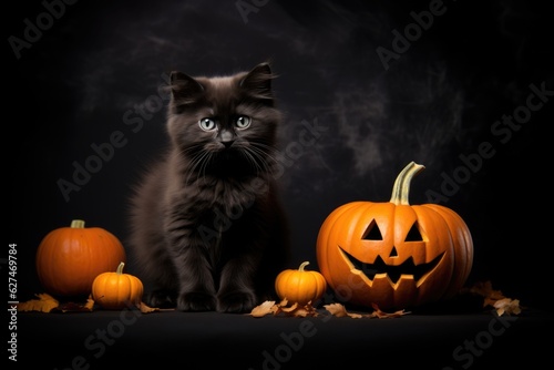 Fluffy cute black kitten with pumpkin jack o lantern on dark background with leaves. Halloween autumn  concept. Background with copy space © ratatosk
