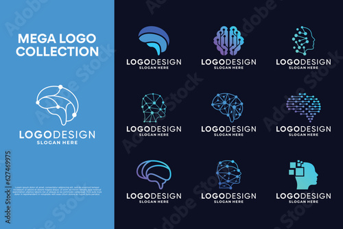 Brain connection logo design. Creative smart brain technology logo collection.