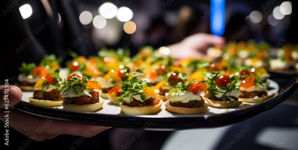 Waiter carrying appetizers on a plate on some festive event, party or wedding reception. catering service, digital ai